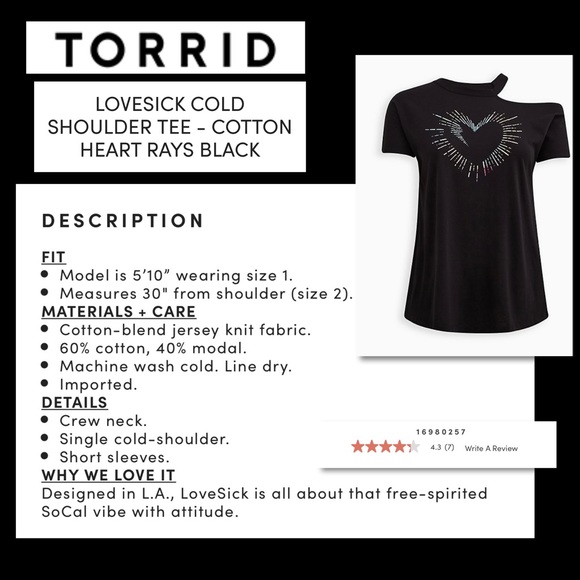 Torrid LOVESICK Black Cold Shoulder Heart Rays Tee NWT Size 3X - Picture 17 of 17